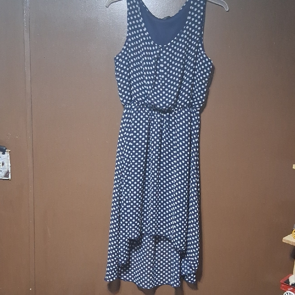 Espresso Navy and White Polka Dot High Low Dress